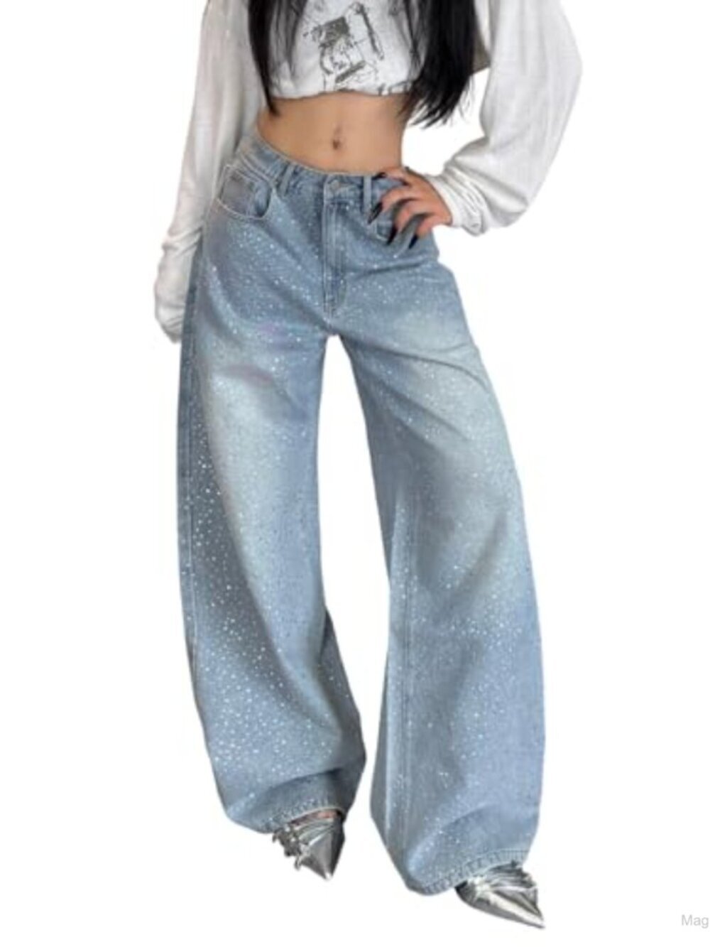 Y2K Baggy Rhinestone Jeans Wide Leg Bling Glitter High Waist Denim Pants